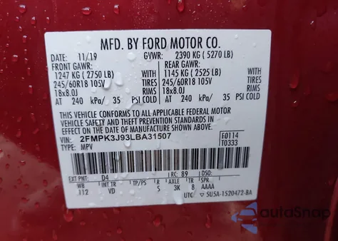 2020 Ford Edge Sel z USA, uszkodzony, nr VIN 2FMPK3J93LBA31507